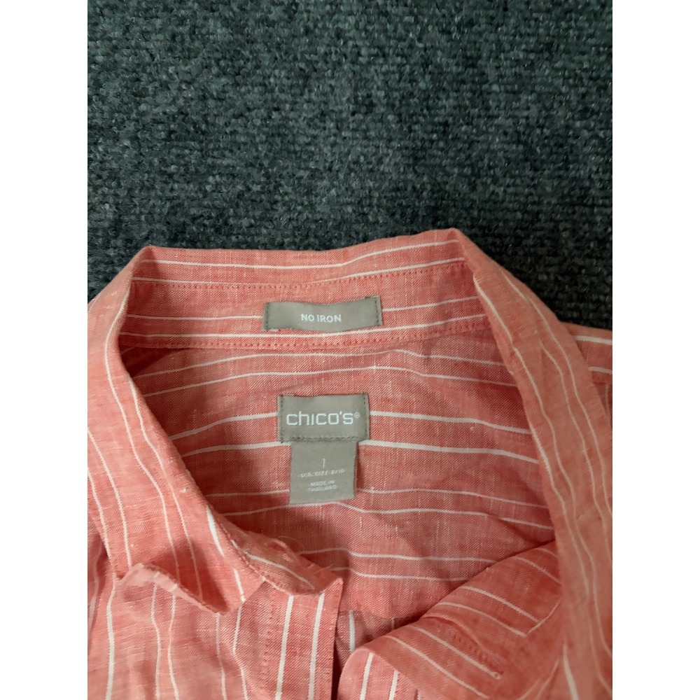 Chicos No Iron Linen Shirt Coral Pink White Striped Button Down Long Sleeve Sz 1 - Picture 2 of 9